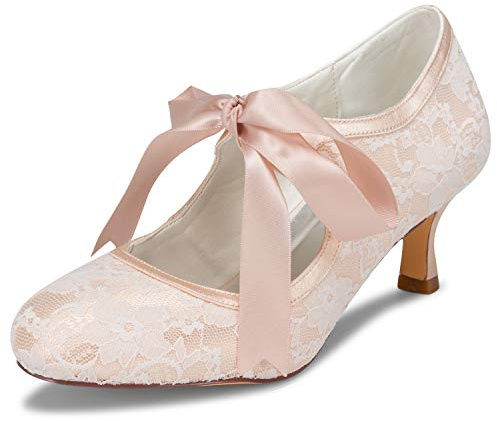 JIAJIA 140311 Bridal Lace Satin Low Heel Closed Toe Prom Party Dance Wedding Shoes Color Champagne,Size 5 UK / 38 EU