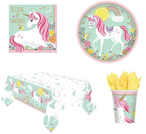 Lote de Cubiertos Infantiles Decorativos Unicornio Mágico (32 Vasos, 32 Platos, 32 Servilletas y 2 Manteles) .Vajillas y Complementos. Juguetes. Cumpleaños, Bodas, Bautizos, Comuniones.