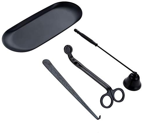 MUXSAM 4pcs Black Candle Accessory Set - Snuffer, Trimmer, Tray & Hook - Candle Care Kit