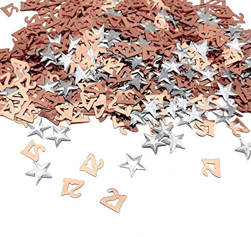 iZoeL 21 Rose Gold Table Confetti Bag 30g incl. 21st Birthday Confetti (1000pcs) Silver Star Confetti Sequin(200pcs) for Party Wedding Anniversary Table Decoration