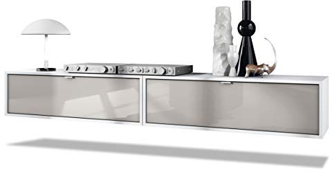 Vladon 2er-Set TV Board Lana 100, Made in Germany, Lowboards je 100 x 29 x 37 cm mit viel Stauraum, Korpus in Weiß matt, Fronten in Sandgrau Hochglanz | Große Farbauswahl