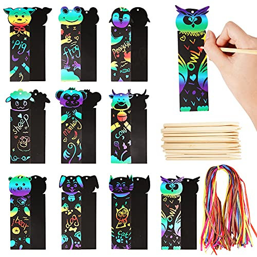 50 Stk Kratzbilder Set Regenbogen Tiere Lesezeichen Kratzpapier mit Holzstäbchen und Bunte Bänder Bastelset Kratzbild zum Zeichnen für Partydeko DIY Handwerk Lesezeichen Anhänger Jungen Mädchen usw.