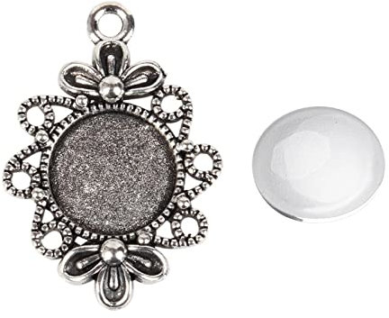 Perlin 10 Set Filigran Medaillons Metall Silber Anhänger Fassungen und 12mm Rund Klar Glas Cabochon, Fassung Rahmen Super Optik Bastelset