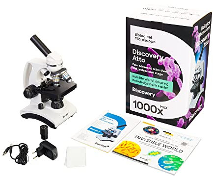 Discovery Atto Polar Tragbares Biologisches Mikroskop Aus Metall Mit Bis Zu 1000-Facher Vergrößerung Und Farbigem Buch In Spanischer Sprache Im Set, Weiß