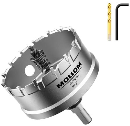 Mollom (76mm | 3) Sierra de Corona de T.C.T Carburo Broca con 2 Brocas,Punta de carburo de tungsteno para Metal Duro,Acero,Hierro,Cobre,Madear,Latón,Plástico
