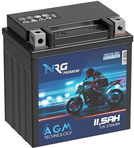 NRG Premium YB10L-BS AGM Motorradbatterie 11,5Ah 12V 270A/EN Batterie 51113 YB10L-A2 YB10L-B2 auslaufsicher wartungsfrei ersetzt 11Ah