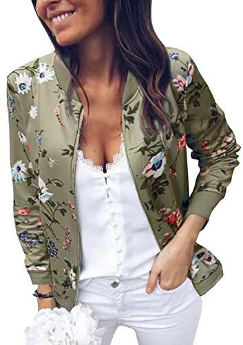ECOWISH Veste bomber décontractée à fermeture éclair pour femme, col rond, léger, court, coupe-vent avec poche, motif floral/camouflage, vert militaire, Small