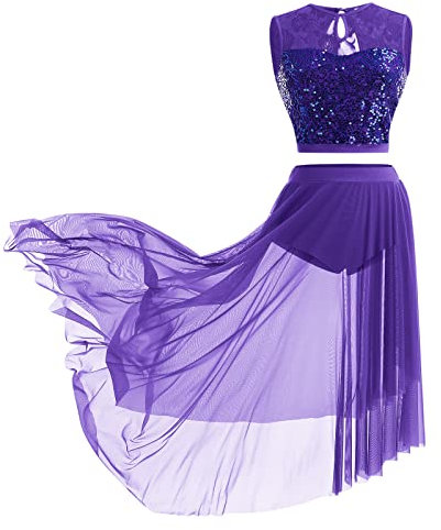 Abito da Ballo Lirico in Pizzo Floreale da Donna Vestito Pattinaggio Artistico Paillettes Latino Americano Frange per Vestiti Leotard Body Ginnastica Artistica Ragazza e Donne Viola X-L