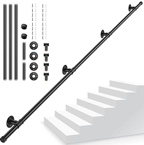 Pasamanos Escalera, Aomdom Pasamanos para Escaleras Interior Exterior Barandilla Escalera Pasamanos Negro con tubo de acero Galvanizado Industrial Antideslizante para Cocina Baño Jardín, 3M