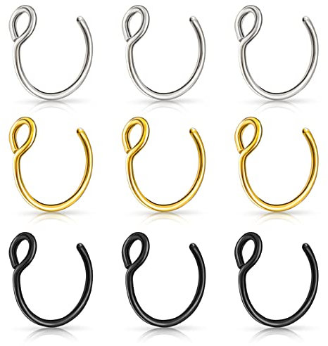 9 Stück Fake Nasenpiercing Ring Attrappe Gefälschter Fake Septum Hoop Edelstahl Fake Nasenring Piercing für Künstliche Lippen Septum Nasenring Fakes Set Nicht Perforierter Lippenring Fake Nose Ring