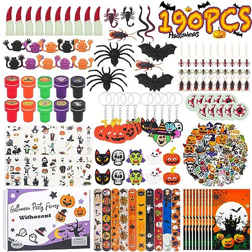 190 Stück Halloween Party Mitgebsel Kindergeburtstag, Halloween Deko Party Spielzeug Zubehör mit Geschenke Box, Halloween Pinata Füllung Spinne Fledermaus Augen Fingerlinge Tattoo für Kinder
