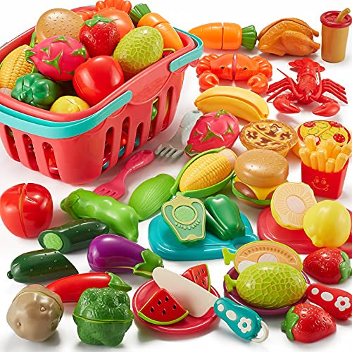 Comirth Zubehör Kinderküche Lebensmittelkorbspielzeug - 61-teiliges Schneidelebensmittel-Set für Kinder Spielzeugküchenzubehör mit Obst, Gemüse und Geschirr für Kleinkinder, Mädchen und Jungen