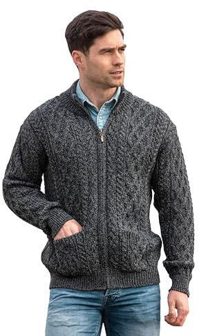 Aran Zip Cable Mens Cardigan Charcoal