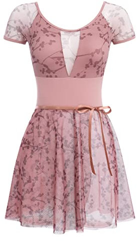FYMNSI Damen Ballettanzug Ballettbody Tanz Body mit Ballettrock Wickelrock Gymnastikanzug Trikot Kurzarm Bodysuit Blumenmuster Mesh Turnanzug Gepolstert R?ckenfrei Leotard Ballettkleid Dunkelrosa XXL