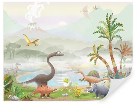 TAPEKO Papel Pintado Infantil 400x280 cm Dinosaurios Dibujos animados Palmeras Montañas Fotomurales para Niños y Niñas Prémium Interior Papel Pintado Pared u60040