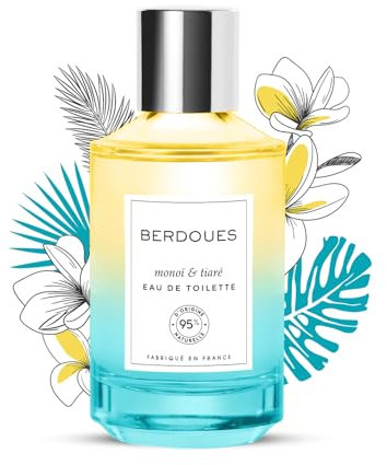 BERDOUES Eau de Toilette Monoï & Tiaré, Solaire et estivale, Made in France, Vegan, Sans colorant, Parfum femme, Monoï, Tiaré et Frangipanier, flacon, 100ml