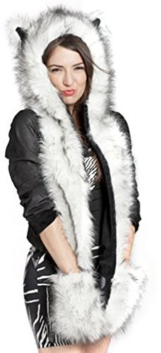 Faxianther 3-in-1 Schal Damen Herren Winter Warm Weich Kapuzenschal Thermal Flauschig Kunstpelz Mütze Winddicht Tier Kapuze Neckwarmer Hood Kragen Wrap Mütze Schal handschuhe Set Wintermantel