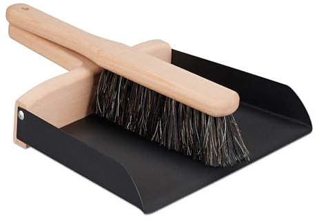 Relaxdays Juego de 2 Piezas Escoba Mano y Recogedor Bordes Altos, Set Barrido Hogar y Camping, Metal y Madera de Haya, Negro/Natural, 6 x 24 x 31 cm