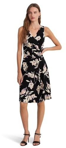 Lauren Ralph Lauren Damen Floral Surplice Jersey Sleeveless Dress Lässiges Business-Kleid, Schwarz/Cremefarben, Mehrfarbig, 32