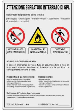 GLOBAL CARTELLO SEGNALETICO - SERBATOIO INTERRATO GPL - NORME DI COMPORTAMENTO - Adesivo Extra Resistente, Pannello in Forex, Pannello In Alluminio (20x31 cm, Alluminio)