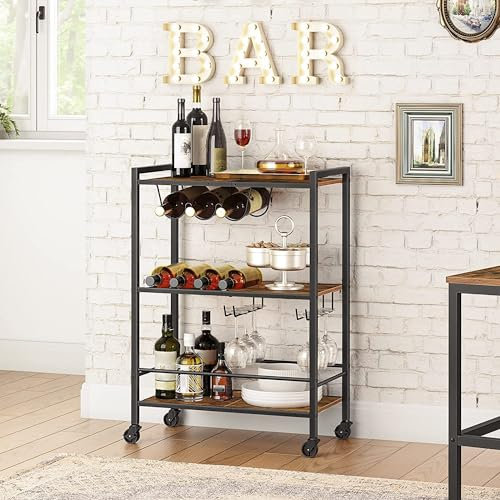 BLUEBRIT® 3-Tier Rolling Industrial Rustic Charm on Wheels Wooden Bar Design Kitchen Serving Cart Trolley with Lockable Wheels - Perfect for Dining Rooms, Living Rooms, Gardens, Parties, and Bars