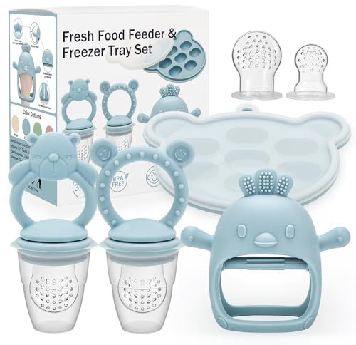CLDY Baby-Fruchtschnuller für Babys, Aufbewahrungsbehälter für Babynahrung und 4 Silikonsaugern in 3 Größen für Kleinkinder von 3 bis 24 Monaten, Baby-muttermilch-Zahnen-Eis am Stiel, BPA-frei