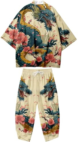 DOSLAVIDA Ensemble de cardigan style kimono japonais pour homme, style chinois, avec veste imprimée et pantalon, haut ouvert à manches 7/8 et short, 06 - Kaki, X-Large