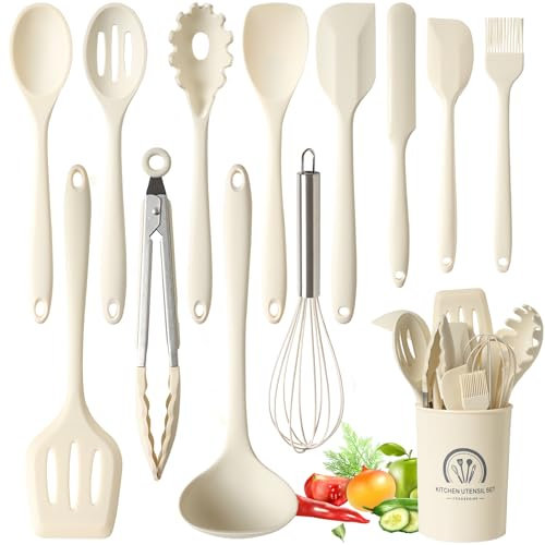 Omtofo 13 Piezas Utensilios de Cocina de Silicona, juego Utensilios de Cocina Resistencia al Calor y Antiadherente, sin BPA, con Cubo para Guardar Utensilios de Cocina