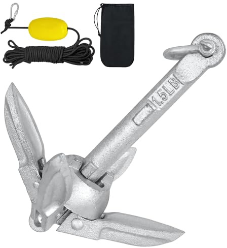 PEILU Kit d'ancrage pliable pour bateau avec corde d'ancrage de 10 m, mousqueton, bouée d'ancrage et sac de transport - Ancre galvanisée en fonte pour bateau, pagaie de SUP, bateau gonflable, kayak