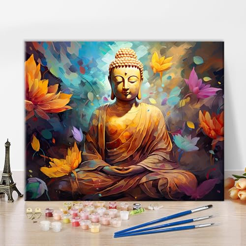 TISHIRON Buddhismus Farbe nach Zahl Erwachsene, Lotus Blume Buddha Aquarell Farbe nach Zahlen für Anfänger, DIY abstrakte Art Malerei Kits auf Leinwand, Handwerk für Home Decor Religiös 16x20