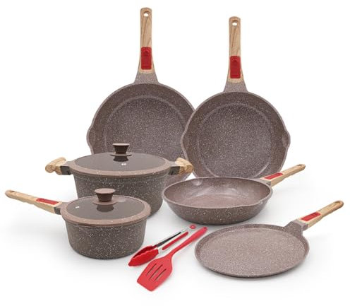 Aikenbbkk Juego de Ollas y Sartenes 10 Piezas, Juego de Ollas con Revestimiento Cerámico Antiadherente y Mango Extraíble, Sartén con Tapa sin PFOA