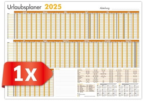 PRIMUS PRINT - Mitarbeiter Urlaubsplaner - Wandkalender 2025 - Monatskalender - A1-594x841mm - bis zu 20 Mitarbeiter - Urlaubskalender - inklusive Feiertagen - diverse Ausführungen [1x Gerollt Orange]