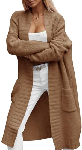 Imily Bela Cardigan long en tricot épais pour femme avec poches - Automne - Manteau d'hiver ouvert à l'avant, marron, XL