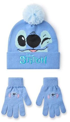 Disney Set Berretto e Guanti per Ragazze Lilo & Stitch | Cappello Invernale Lavorato a Maglia Blu con Faccia di Personaggio Cucito | Berretto con Pompon per Bambini Taglia Unica con Guanti con Stampa