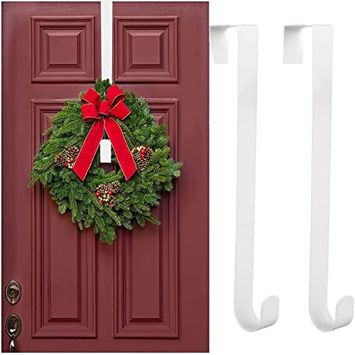 Zouwel Wreath Hanger for Front Door, 2 Pack 15 Metal Wreath Hook, Door Hooks Over The Door Hook Hanger for Christmas Fall Halloween Wedding Wreath or Decorations (White)