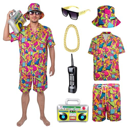 YQVGFBY 80er 90er Jahre Outfit Herren Retro Shirts und Shorts Set, Hip-Hop Strand T-Shirts und Shorts, Jogginganzüge, Badass-Kostüme, Faschingskostüme, Karnevalskostüme (Rot, S)