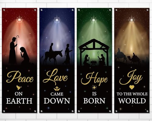 Kirchenbanner für Heiligtumswand, religiöser Hintergrund, Krippe, Banner mit Schrift, Weihnachten, Kirche, Veranda, Schilder für Urlaub, Kirche, Schule, Krippendekoration, 4 Stück