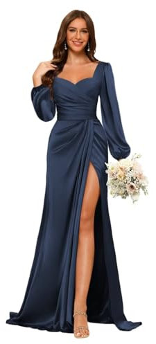 kopptioo Women's Satin Bridesmaid Dresses with Slit Long Sleeves V Neck Navy Blue Floor Length Pleats Mermaid Formal Evening Gown Size UK20