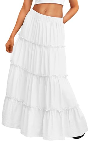 Trendy Queen Beach Vacation Clothes Maxi Skirts for Women Summer Outfits Maxi Skirt 2026 White Dress Longe Flowy Boho Dresses with Pockets S