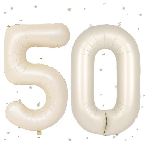 UDRKFOPK Beige Luftballon 50,Zahlen Luftballon Beige,40 Zoll Creme Weiß Folienballon 50,Beige Zahlenballon 50 Helium Ballon Luftballon 50 Geburtstag für Geburtstagsdeko Frau Mann Jubiläum Party Deko