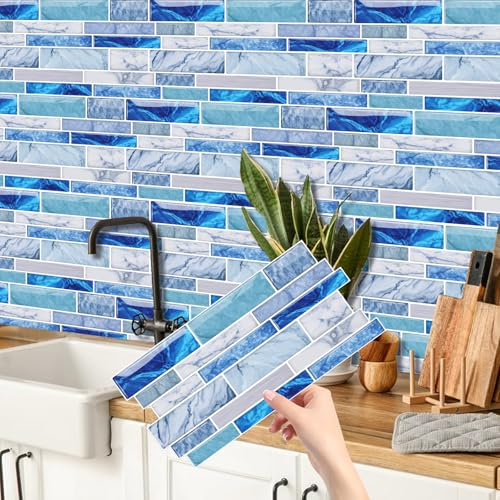 CHDITB 16 Blatt Blaue klebefliesen,Wandfliesen Selbstklebend,Küche Klebefolie Fliesenoptik,Badezimmer Selbstklebende Fliesendekor,Mosaik Fliesen Wandsticker Bad,Blaue Marmor Wandsticker(26.4x12cm)