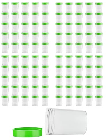 Theracaso Probenbecher Set – 100 Stück à 125 ml – Auslaufsichere Urinbecher mit Schraubdeckel, graduiert bis 100ml, inkl. 120 Etiketten – Für Küche, Basteln, Medizin, Urinproben - beschriftbar (100)