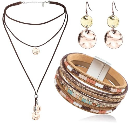 MWOOT Boho Schmuck Set für Damen, Bohemian Stapelbare Wickelarmbänder Leder, Vintage Lange Mehrreihige Lederkette Braun, Western Scheiben Hängeohrringe
