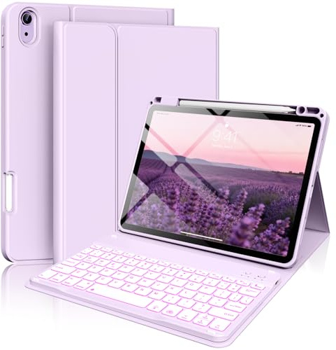 SZPSGC for iPad Air 11 Inch Case with Keyboard (M4/M3/M2, 2026/2025/2024) Air5/Air4, Smart Folio Cover with Pencil Holder, 7 Color Backlight Detachable Wireless Bluetooth iPad Keyboard Case, Purple