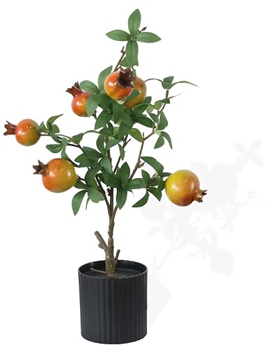 Artificial Pomegranate Tree with Fruits, 19 Inch Potted Plant, Decorative Faux Botanical in Black Container, for Home, Office and Living Room Tables, Highly Realistic Decoration