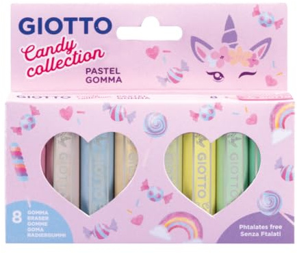 GIOTTO Candy Collection Pastel Erasers 8 Colours | Assorted Colours, For Children, Party Bags & Primary Schools