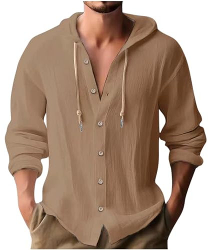 Sweatjacke Herren Hoodie Leinen Baumwolle Langarmshirt mit Kapuze Sweatshirt Lässige Button Pullover Freizeit Einfarbige Kapuzenjacke mit Tasche Kapuzenshirt Blitzangebote Braun S