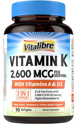Vitalibre Vitamin K Complex, 2600 mcg K1 & K2 (MK-7 & MK-4), with Vitamin A & D3 5000 IU, Bioavailable, Full Spectrum, for Bone Strength and Heart Health, 90 Softgels