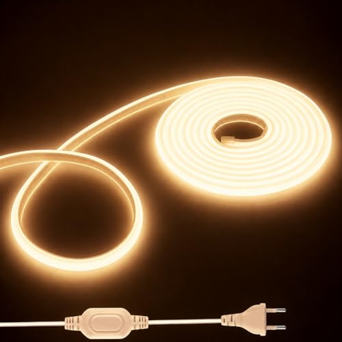 Shengruili 2M COB LED Streifen,Hohe Dichte LED Strip Lights mit Netzteil,220V LEd Streifen Warmweiß 3000K,Wasserdicht Diffusion Flex streifen für Heim Dekoration, Küche, Spiegel