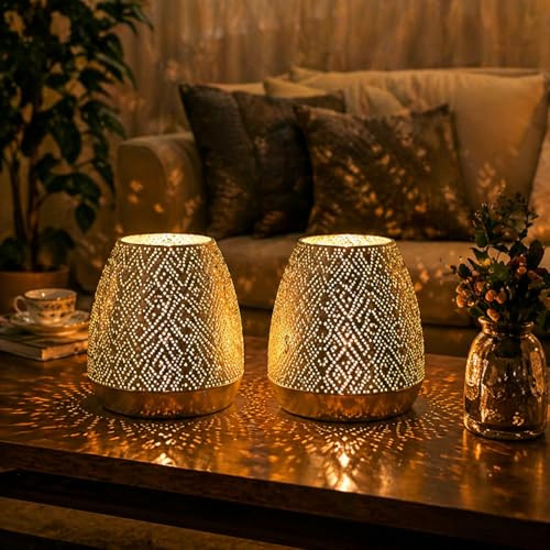 JHY DESIGN Marokkanische Vintage-Lampen, 17 cm hoch, batteriebetriebene dekorative Metall-Tischlampen – Für Zuhause, Wohnzimmer, Garten, Terrasse, Partys und Indoor/Outdoor